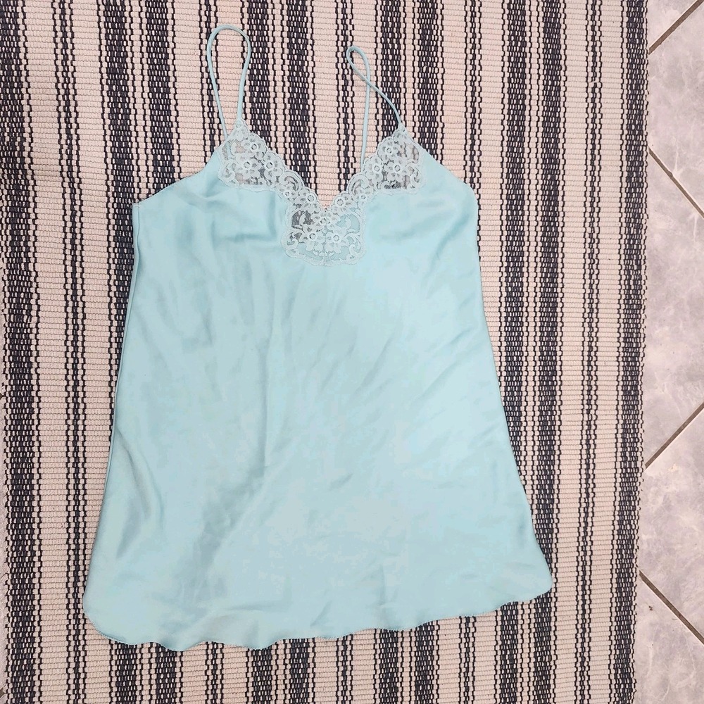 Vintage Victoria's Secret Slip Dress M Blue Satin Lace Chemise Nightgown - Picture 3 of 10